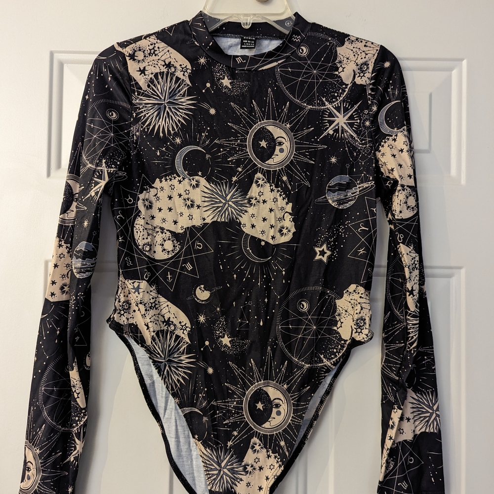 SHEIN Cosmic Print Bodysuit in Black and Cream